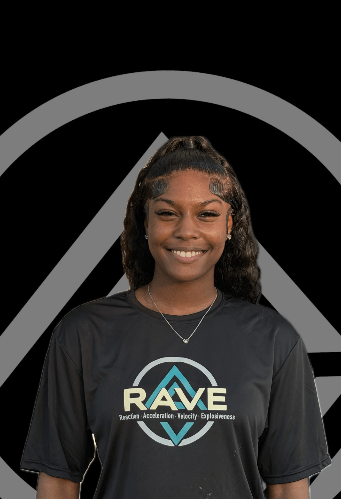 Smiling individual in a black "RAVE" shirt stands against a geometric logo background. The mood is positive and confident.